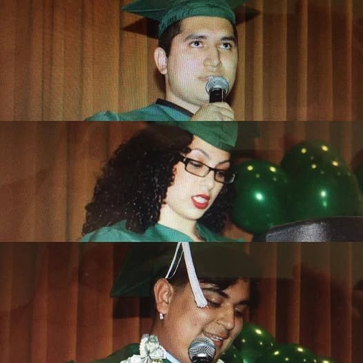 Three-panel collage of Class of 2015 graduates in green caps and gowns speaking at microphone